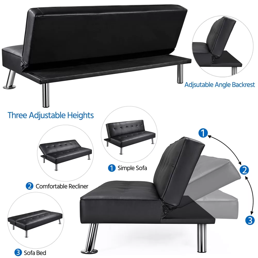 Easyfashion Convertible Black Faux Leather Futon Sofa Bed, Black