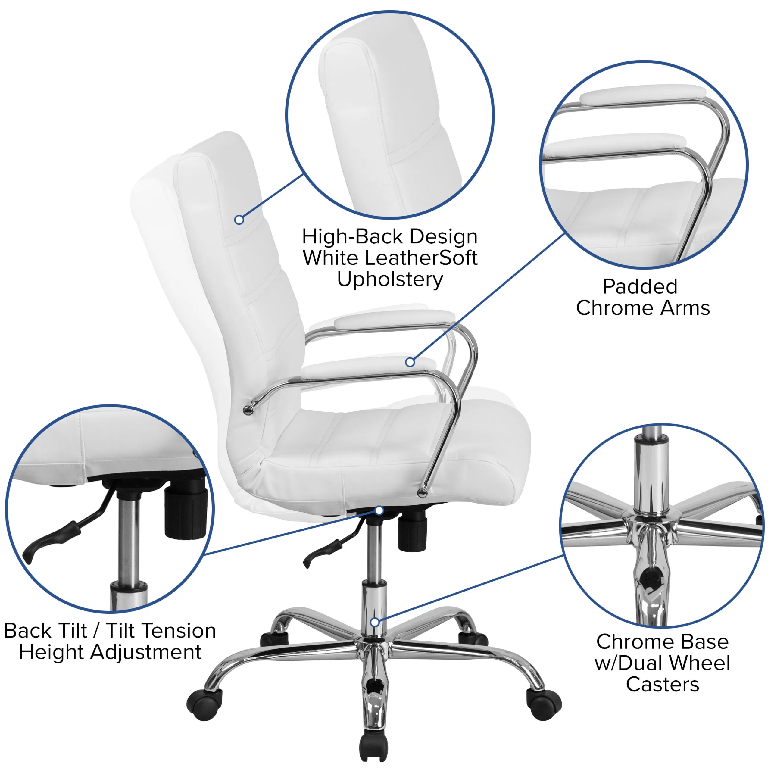 Flash Furniture High Back White LeatherSoft Executive Swivel Office Chair with Chrome Frame and Arms