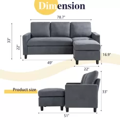 Walsunny Convertible Sectional Reversible Chaise, L-Shaped Sofa with Modern Linen Fabric(Gray)
