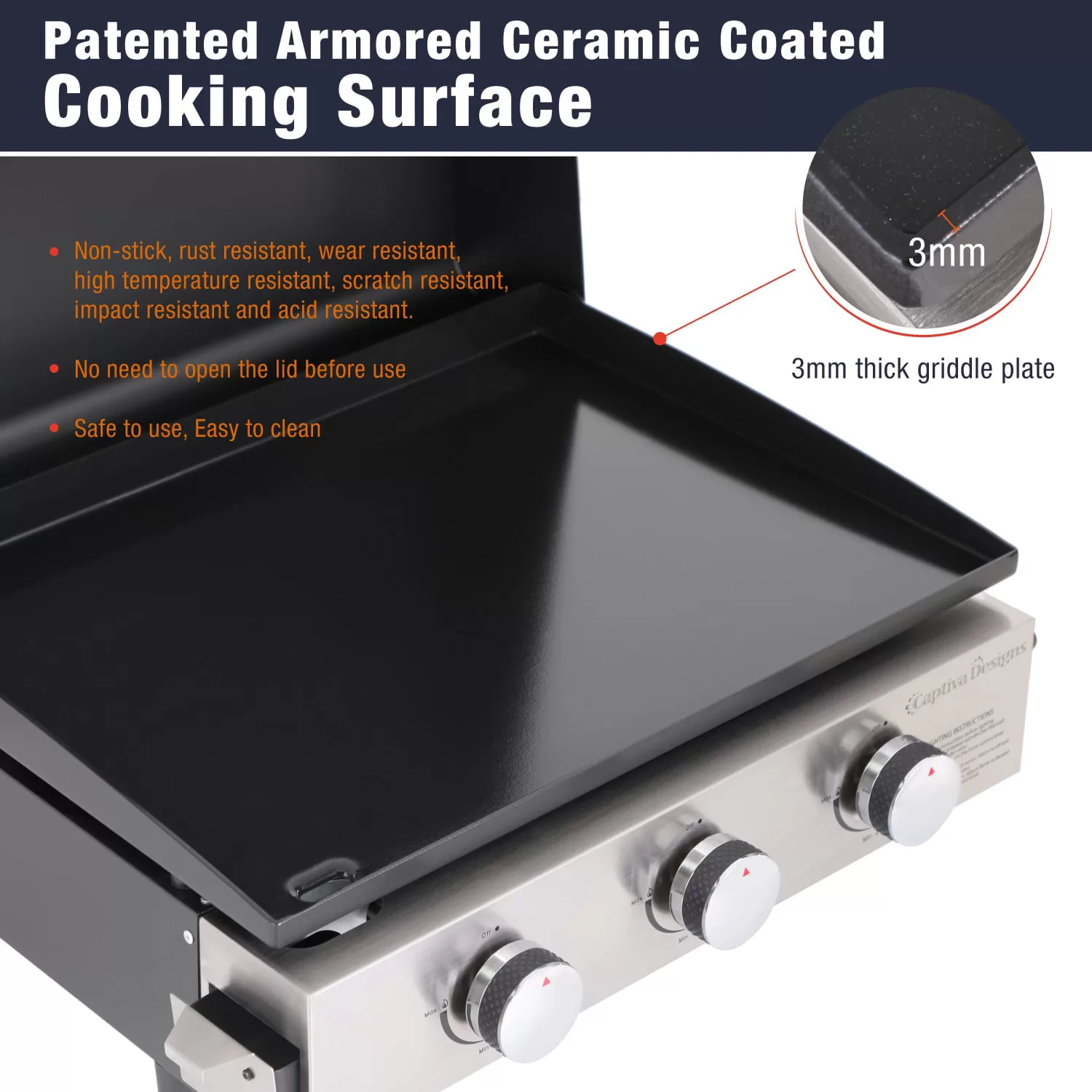 MF Studio 22-Inch Tabletop Griddle Portable Propane Gas Griddle with 3 Burners - Black