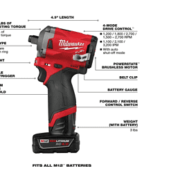 Milwaukee 2555-22 M12 FUEL 12V Lithium-Ion Brushless Cordless Stubby 1/2 in. Impact Wrench Kit with One 4.0 and One 2.0Ah Batteries
