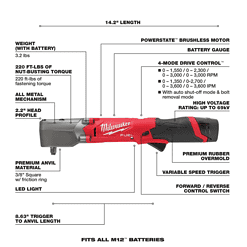 Milwaukee 2564-22 M12 FUEL 12V Lithium-Ion Brushless Cordless 3/8 in. Right Angle Impact Wrench Kit with Two 2.0 Ah Batteries