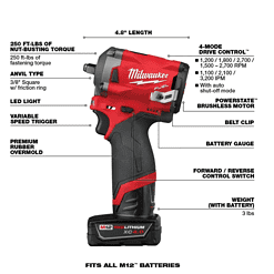 Milwaukee 2554-22-48-11-2440 M12 FUEL 12V Lithium-Ion Brushless Cordless Stubby 3/8 in. Impact Wrench Kit With M12 4.0Ah Battery