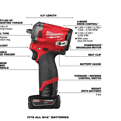 Milwaukee 2554-22-49-66-7009 M12 FUEL 12V Brushless Cordless Stubby 3/8 in. Impact Wrench Kit with 3/8 in. Drive SAE/Metric Socket Set (43-Piece)