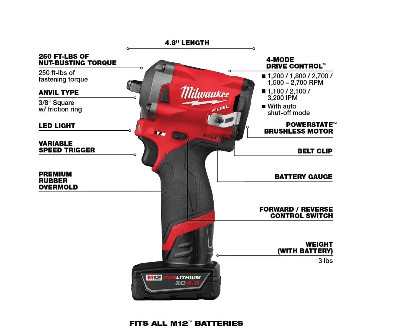Milwaukee 2554-22-49-66-7009 M12 FUEL 12V Brushless Cordless Stubby 3/8 in. Impact Wrench Kit with 3/8 in. Drive SAE/Metric Socket Set (43-Piece)