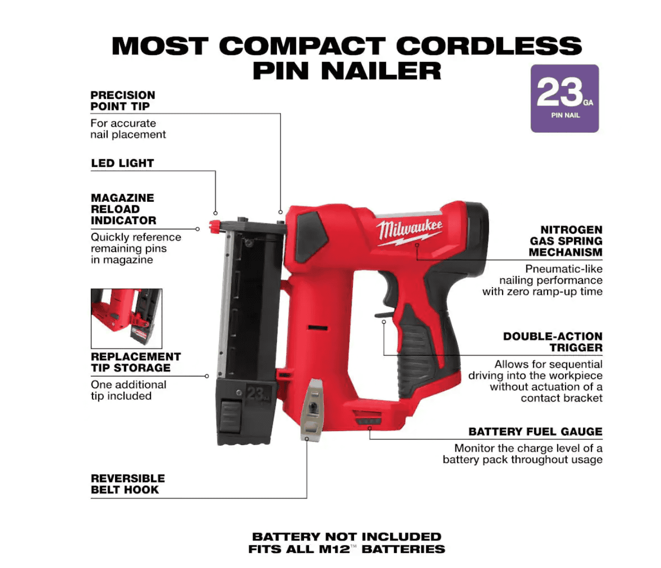 Milwaukee 2540-20 M12 12-Volt 23-Gauge Lithium-Ion Cordless Pin Nailer (Tool-Only)