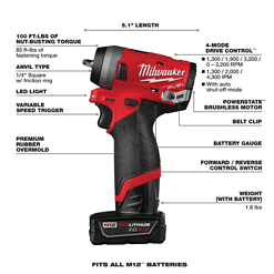 Milwaukee 2552-22 M12 FUEL 12V Lithium-Ion Brushless Cordless Stubby 1/4 in. Impact Wrench Kit with One 4.0 and One 2.0Ah Batteries