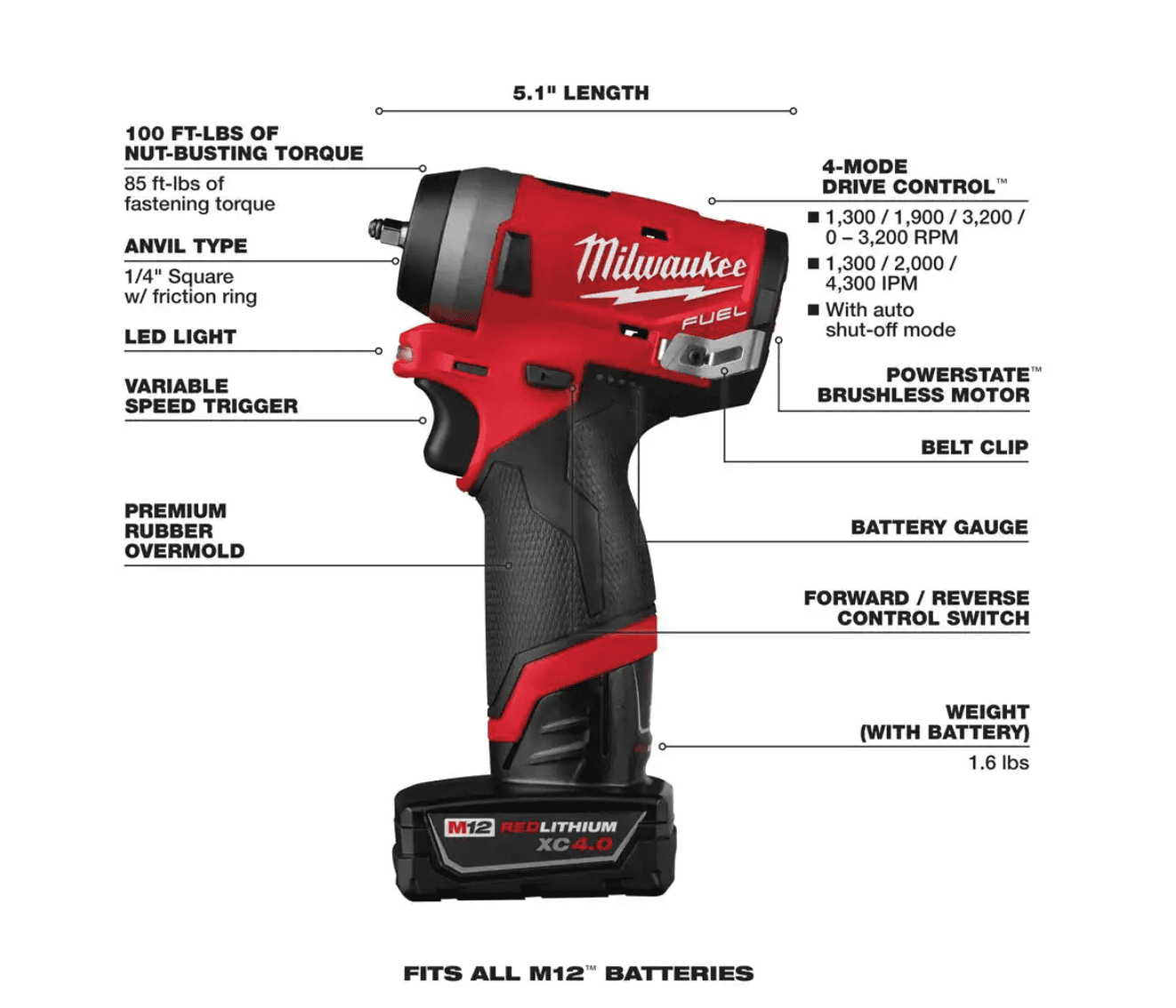 Milwaukee 2552-22 M12 FUEL 12V Lithium-Ion Brushless Cordless Stubby 1/4 in. Impact Wrench Kit with One 4.0 and One 2.0Ah Batteries