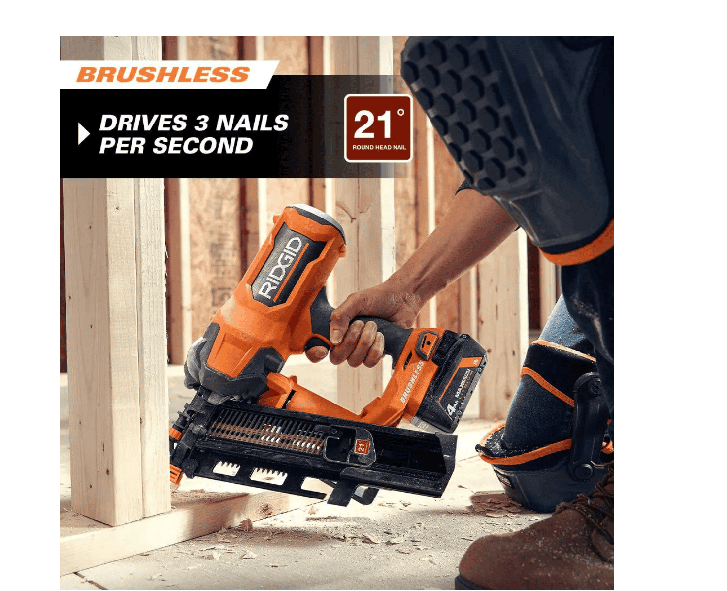RIDGID R09894B-AC87004 18V Lithium-Ion Brushless Cordless 21° 3-1/2 in. Framing Nailer with 18V Lithium-Ion 4.0 Ah Battery