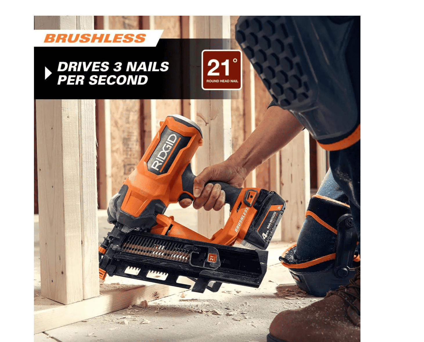 RIDGID R09894B-AC8400802P 18V Lithium-Ion Brushless Cordless 21° 3-1/2 in. Framing Nailer with 18V Compact Lithium-Ion 2.0 Ah Battery 2-Pack