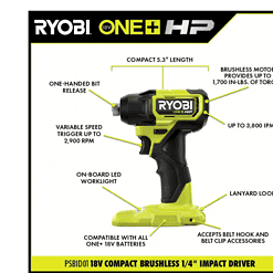 RYOBI PSBCK01K-PSBCS02B ONE+ HP 18V Brushless Cordless Compact 1/2 in. Drill/Driver, Impact Driver, Cut-Off Tool, (2) Batteries, Charger, Bag