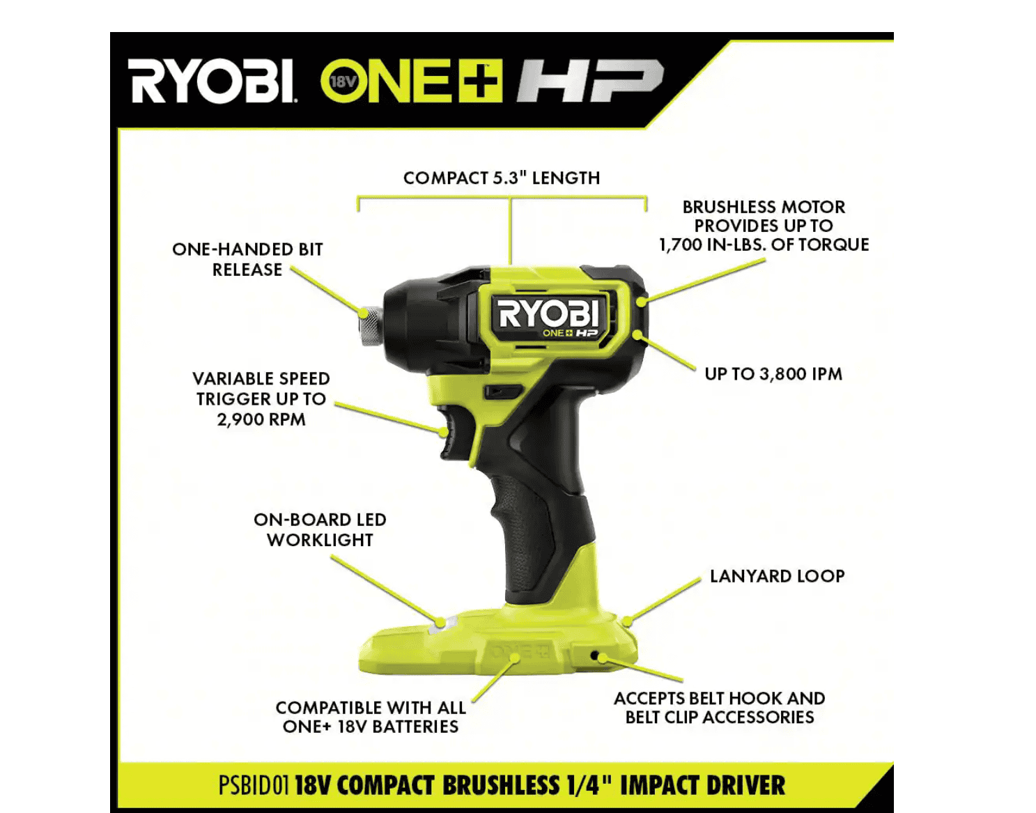 RYOBI PSBCK01K-PSBCS02B ONE+ HP 18V Brushless Cordless Compact 1/2 in. Drill/Driver, Impact Driver, Cut-Off Tool, (2) Batteries, Charger, Bag