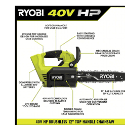 RYOBI RY40590 40V HP Brushless 12 in. Top Handle Cordless Battery Chainsaw with 4.0 Battery and Charger