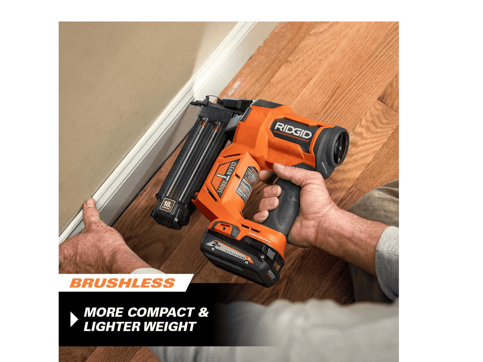 RIDGID R09891B-AC8400802 18V Brushless Cordless 18-Gauge 2-1/8 in. Brad Nailer with CLEAN DRIVE Technology with 18V 2.0 Ah Lithium-Ion Battery