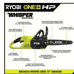 RYOBI P2570 ONE+ HP 18V Brushless Whisper Series 12 in. Cordless Battery Chainsaw with 6.0 Ah Battery and Charger