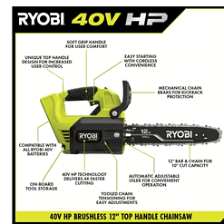 RYOBI RY40509BTL 40V HP Brushless 12 in. Top Handle Cordless Battery Chainsaw (Tool Only)