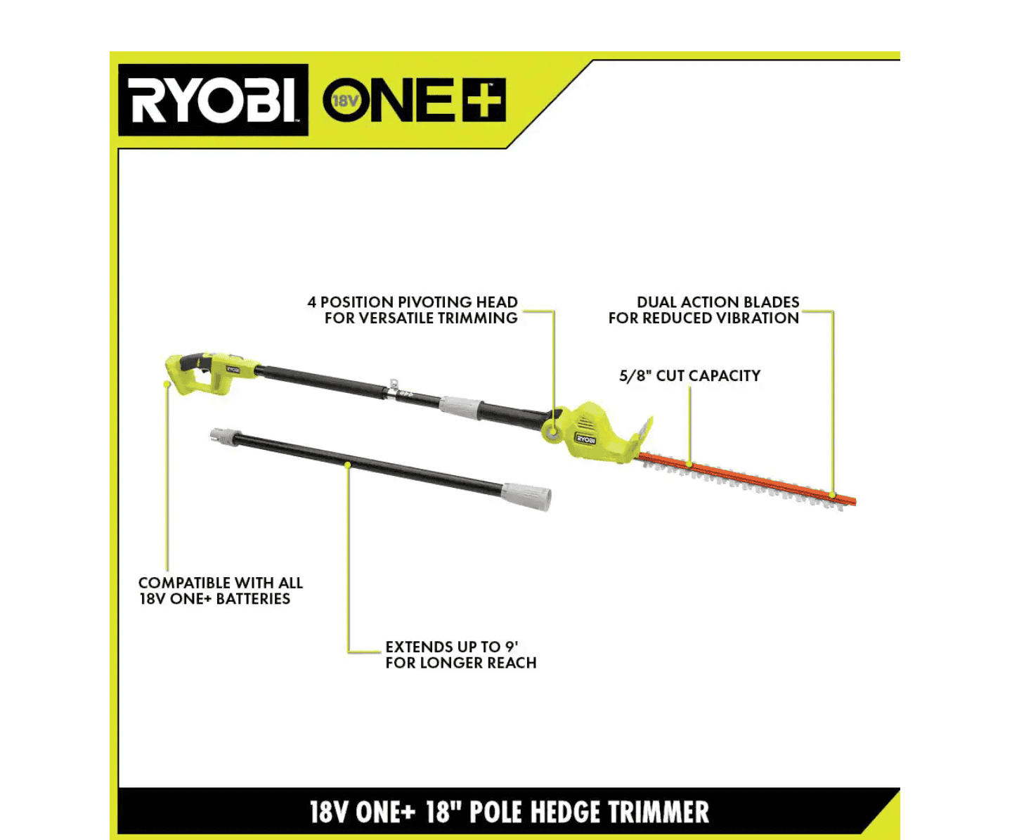 RYOBI P26010BTLVNM ONE+ 18V 18in. Cordless Battery Pole Hedge Trimmer (Tool Only)