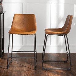 Walker Edison Wasatch 24 in. Whiskey Brown Low Back Metal Frame Counter Height Bar Stool with Faux Leather Seat (Set of 2)