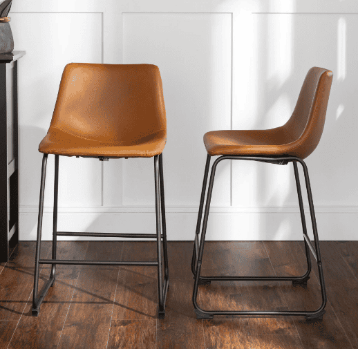 Walker Edison Wasatch 24 in. Whiskey Brown Low Back Metal Frame Counter Height Bar Stool with Faux Leather Seat (Set of 2)