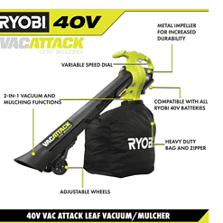 RYOBI RY40451 40V Vac Attack Cordless Leaf Vacuum/Mulcher with 5.0 Ah Battery and Charger