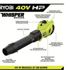 RYOBI RY404014BTLVNM 40V HP Brushless Whisper Series 160 MPH 650 CFM Cordless Battery Leaf Blower (Tool Only)