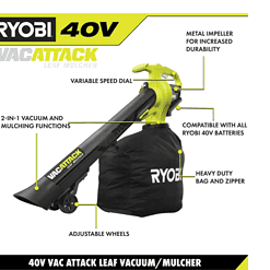 RYOBI RY40451-LB 40V Vac Attack Cordless Leaf Vacuum/Mulcher and Lawn and Leaf Bag with 5.0 Ah Battery and Charger