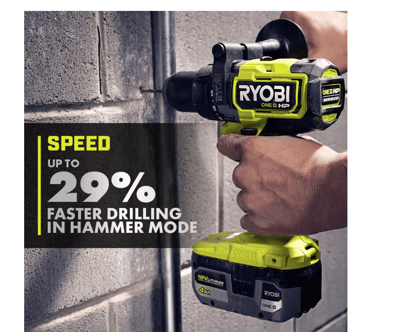 RYOBI PBLHM101K ONE+ HP 18V Brushless Cordless 1/2 in. Hammer Drill Kit with (1) 4.0 Ah High Performance Battery, Charger, and Tool Bag