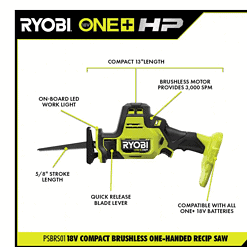 RYOBI PSBID01K-PSBRS01B ONE+ HP 18V Brushless Cordless Compact 1/4 in. Impact Driver and One-Handed Recip Saw Kit with (2) Batteries, Charger