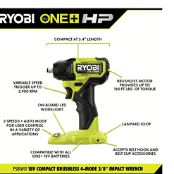 RYOBI PSBID01K-PSBIW01B ONE+ HP 18V Brushless Cordless Compact 1/4 in. Impact Driver, 3/8 in. Impact Wrench, (2) Batteries, Charger, and Bag