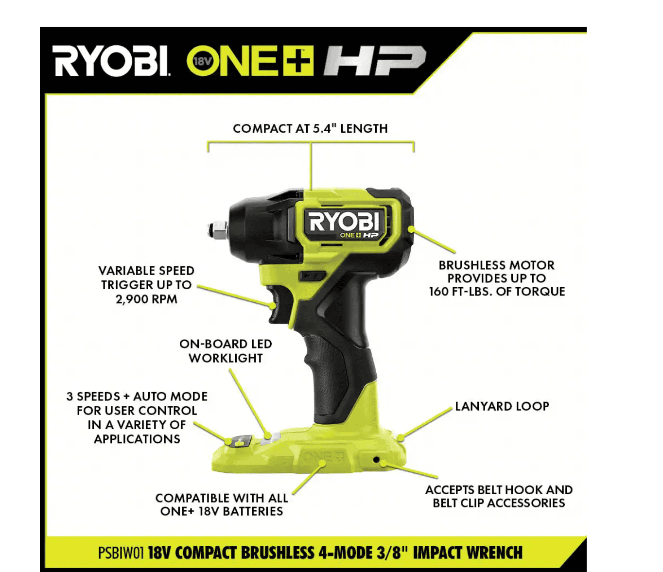 RYOBI PSBID01K-PSBIW01B ONE+ HP 18V Brushless Cordless Compact 1/4 in. Impact Driver, 3/8 in. Impact Wrench, (2) Batteries, Charger, and Bag