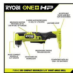 RYOBI PSBID01K-PSBRA02B ONE+ HP 18V Brushless Cordless Compact 1/4 in. Impact Driver and 3/8 in. Right Angle Drill with (2) Batteries, Charger