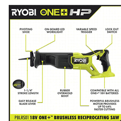 RYOBI PBLRS01B-A233501 ONE+ HP 18V Brushless Cordless Reciprocating Saw (Tool Only)