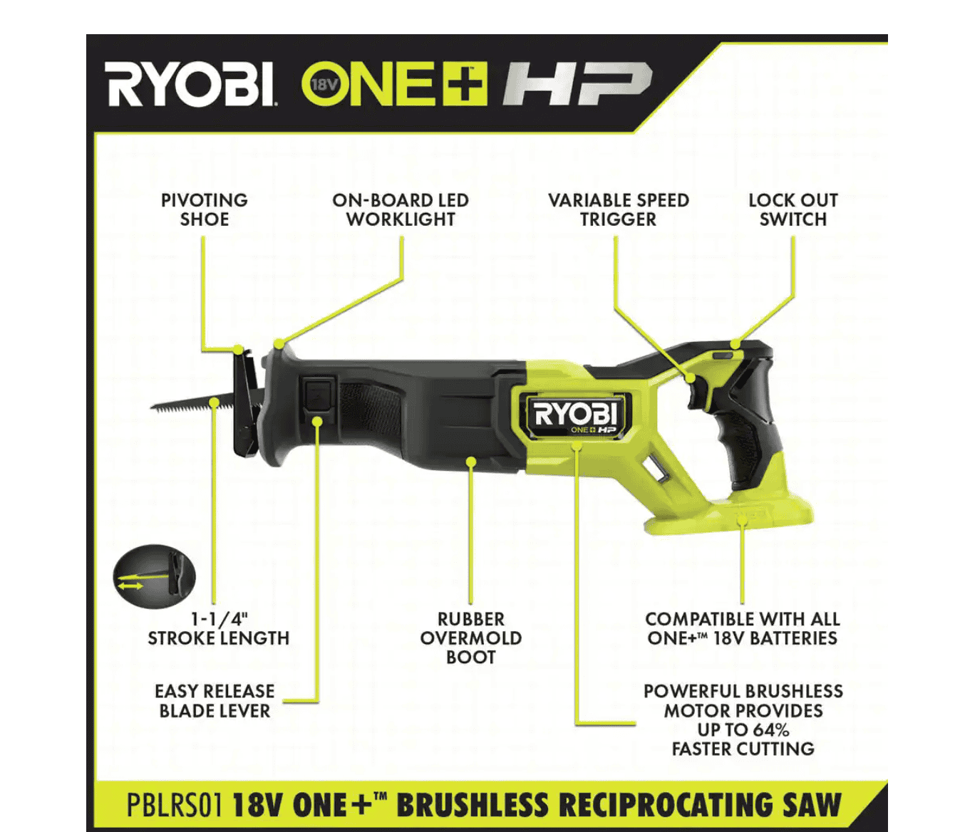 RYOBI PBLRS01B-A233501 ONE+ HP 18V Brushless Cordless Reciprocating Saw (Tool Only)