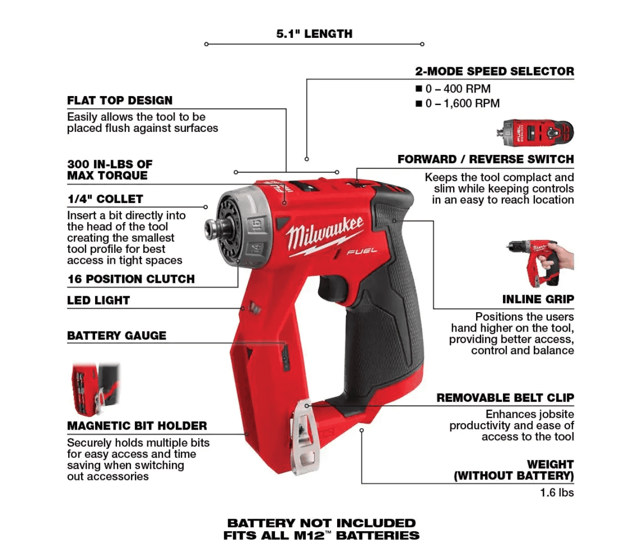 Milwaukee 2505-20 M12 FUEL 12-Volt Lithium-Ion Brushless Cordless 4-in-1 Installation 3/8 in. Drill Driver with 4 Tool Head (Tool-Only)