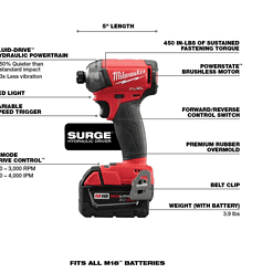 Milwaukee 2760-22 M18 FUEL SURGE 18V Lithium-Ion Brushless Cordless 1/4 in. Hex Impact Driver Compact Kit with Two 5.0 Ah Batteries