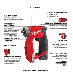 Milwaukee 2505-22-PO M12 FUEL 12V Lithium-Ion Brushless Cordless 4-in-1 Installation 3/8 in. Drill Driver Kit & 4-Tool Heads W/PACKOUT