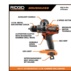 RIDGID R86115K 18V Brushless Cordless 1/2 in. Hammer Drill/Driver Kit with 4.0 Ah MAX Output Battery, 18V Charger, and Tool Bag