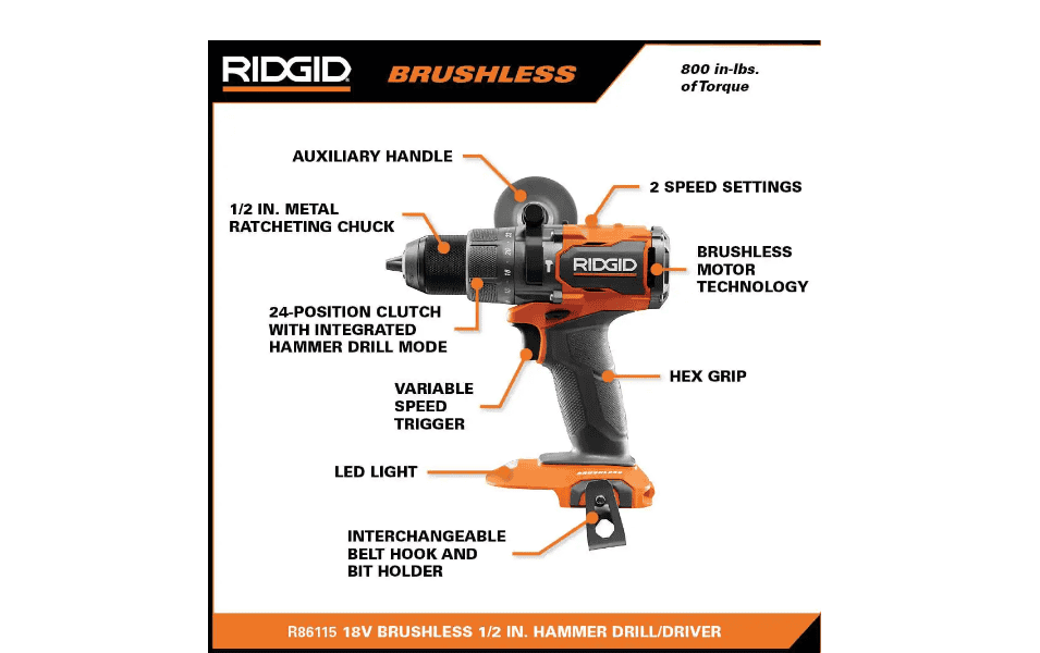 RIDGID R86115K 18V Brushless Cordless 1/2 in. Hammer Drill/Driver Kit with 4.0 Ah MAX Output Battery, 18V Charger, and Tool Bag