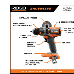 RIDGID R86114KN 18V Brushless Cordless 1/2 in. Drill/Driver Kit with 2.0 Ah MAX Output Battery and 18V Charger