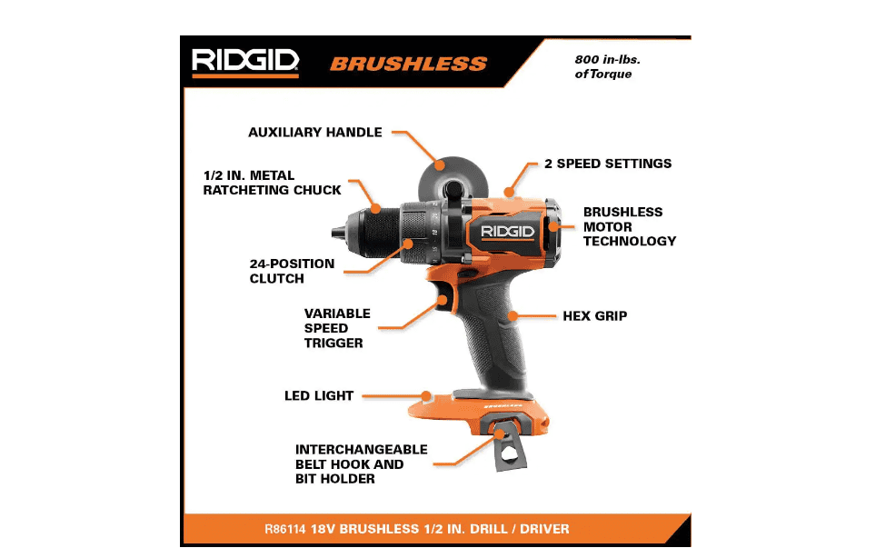 RIDGID R86114KN 18V Brushless Cordless 1/2 in. Drill/Driver Kit with 2.0 Ah MAX Output Battery and 18V Charger