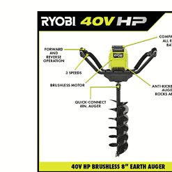 RYOBI RY40710VNM 40V HP Brushless Cordless Earth Auger with 8 in. Bit with 4.0 Ah Battery and Charger