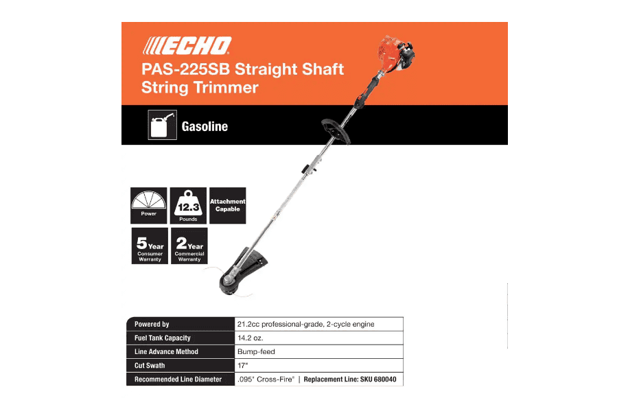 ECHO PAS-225SB 21.2 cc 17 in. Gas 2-Stroke Cycle PAS Straight Shaft Trimmer