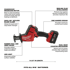 Milwaukee 2719-21 M18 FUEL 18V Lithium-Ion Brushless Cordless HACKZALL Reciprocating Saw Kit W/(1) 5.0Ah Batteries, Charger & Tool Bag