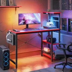 Bestier Reversible 44 inch Computer Desk with LED Lights Gaming Desk , 4 Tier Shelves Carbon Fiber