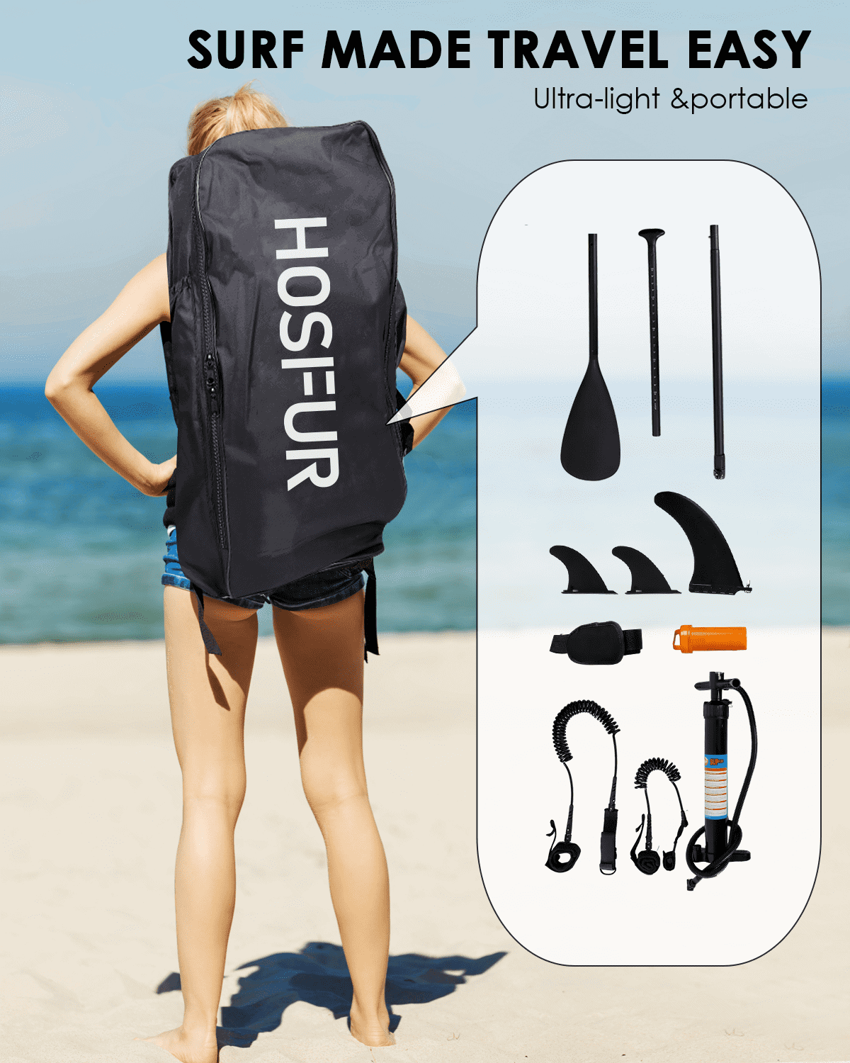 HOSFUR Inflatable 10'6×33"×6" Ultra-Light (18.8lbs) SUP with Stand Up Paddle Board, Adj Paddle, Pump, ISUP Travel Backpack, Leash Waterproof Bag