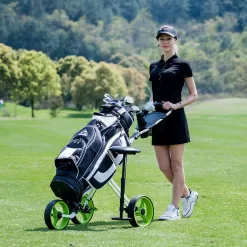Costway Foldable 3 Wheel Push Pull Golf Club Cart Trolley w/Seat Scoreboard Bag Swivel