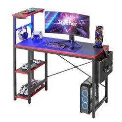Bestier Reversible 44 inch Computer Desk with LED Lights Gaming Desk , 4 Tier Shelves Carbon Fiber