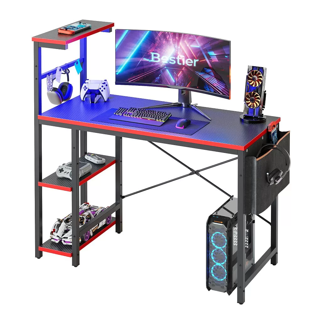 Bestier Reversible 44 inch Computer Desk with LED Lights Gaming Desk , 4 Tier Shelves Carbon Fiber