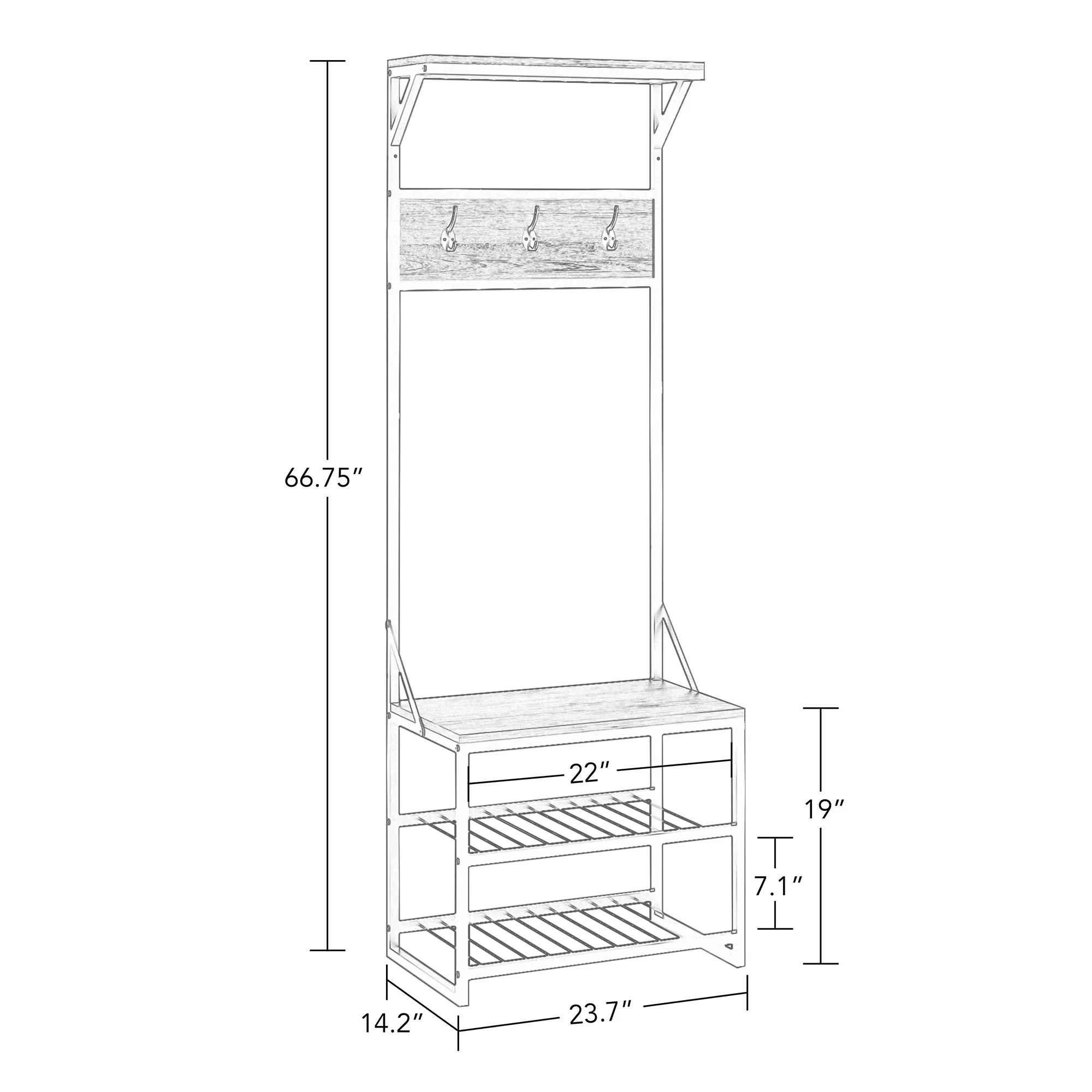 RiverRidge Home Afton Metal Frame Hall Tree with Seat, 3 Open Shelves, and 3 Hooks in Dark Weathered Wood