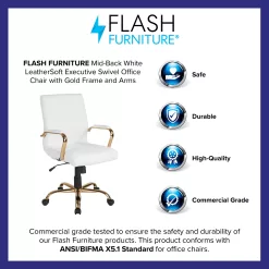 Flash Furniture Mid-Back White LeatherSoft Executive Swivel Office Chair with Gold Frame and Arms